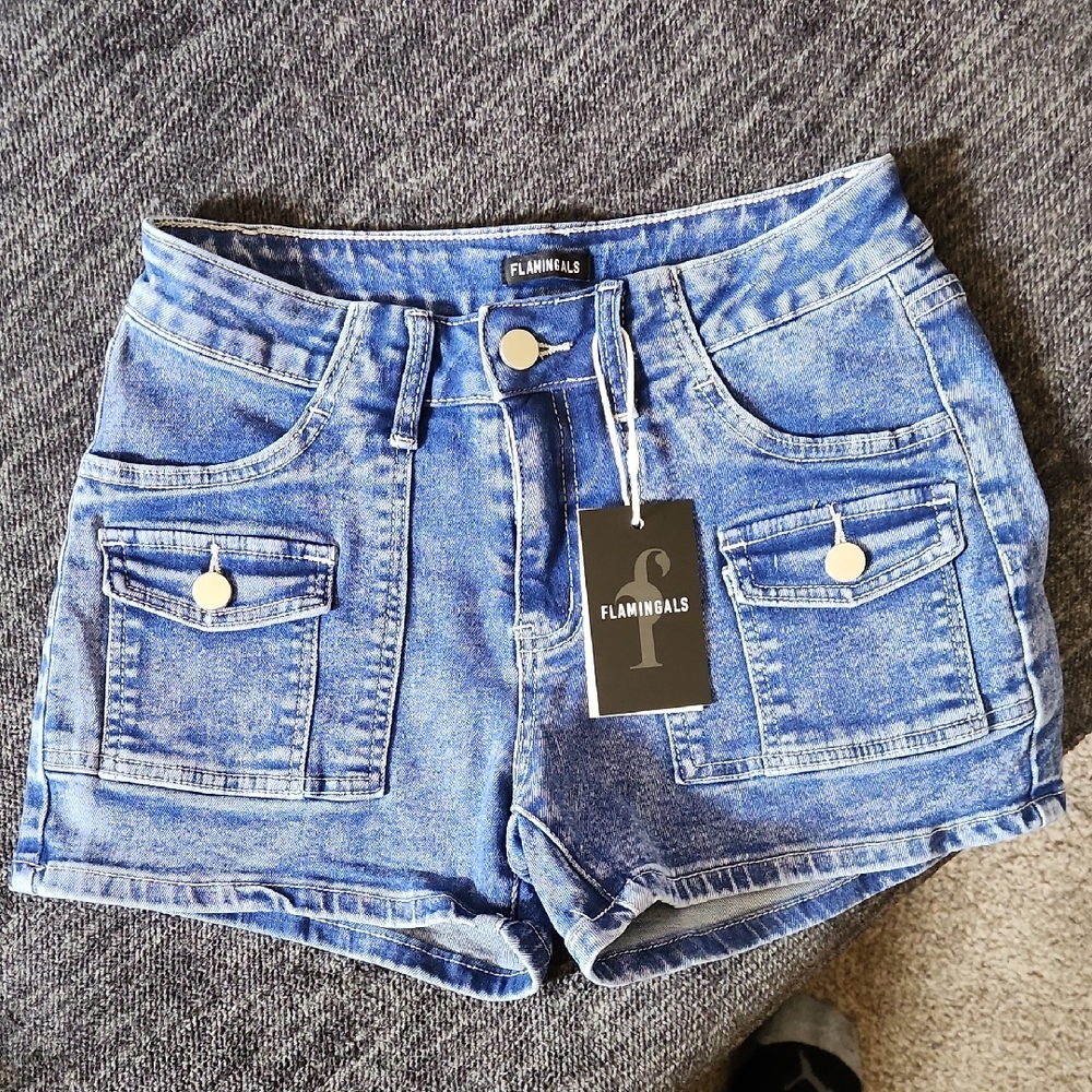 Light Blue High-Waisted Jean Shorts with Distressed Look